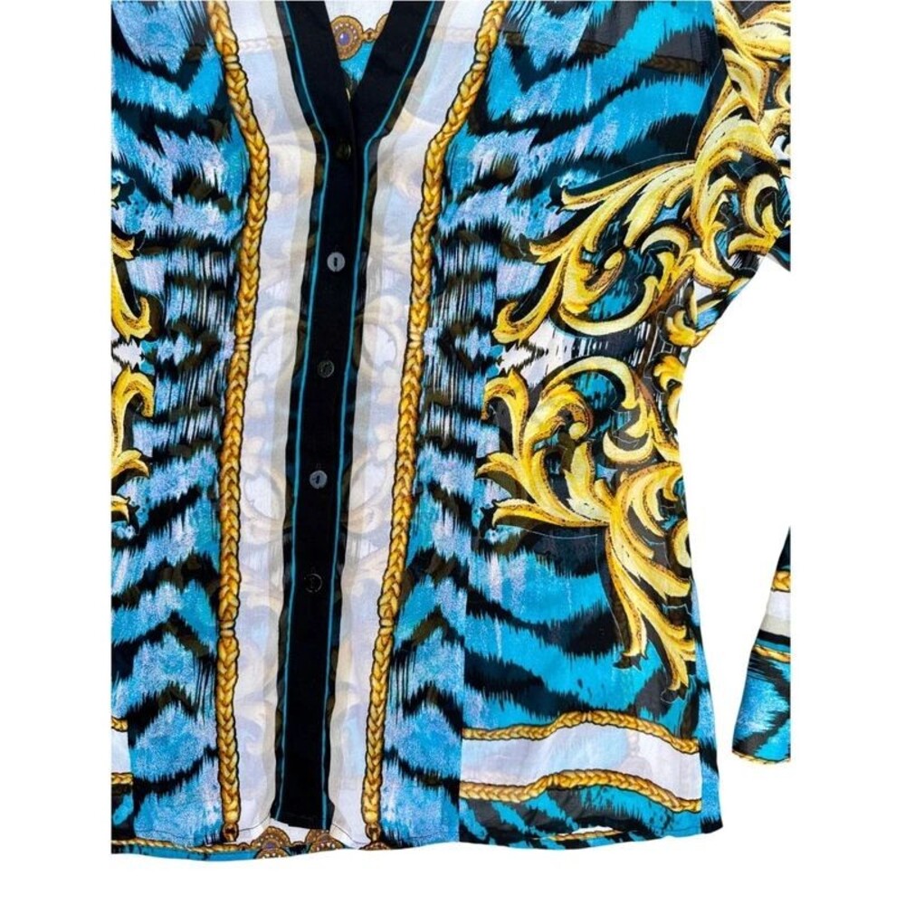 Caché Silk Italian Baroque Inspired Chain Tiger Print Button Up Blouse Y2K - L